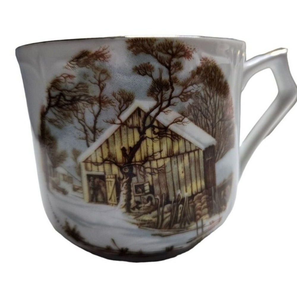 Viletta Fine‎ China Mustache Cup Old Barn Winter Scene Gold Trim USA